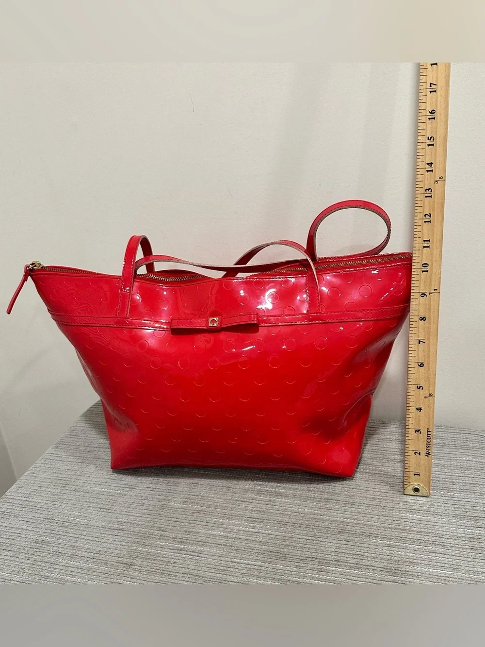 Kate Spade New York Large Red Vinyl Circle Pattern Tote Bag